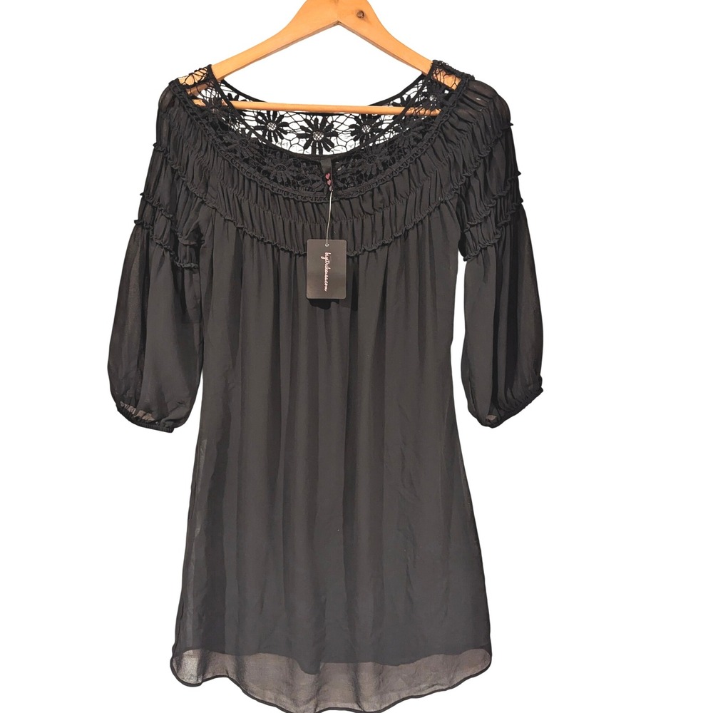 Big Strike Tunic Top XS Black Crochet Lace Smocked Sheer Chiffon Whimsigoth Goth